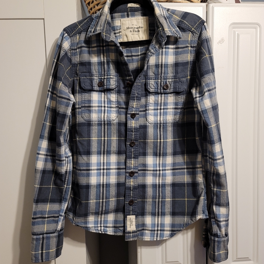 Abercrombie & Fitch Flannel Shirt Mens Sz S Blue Multi Muscle Long Sleeve Plaid